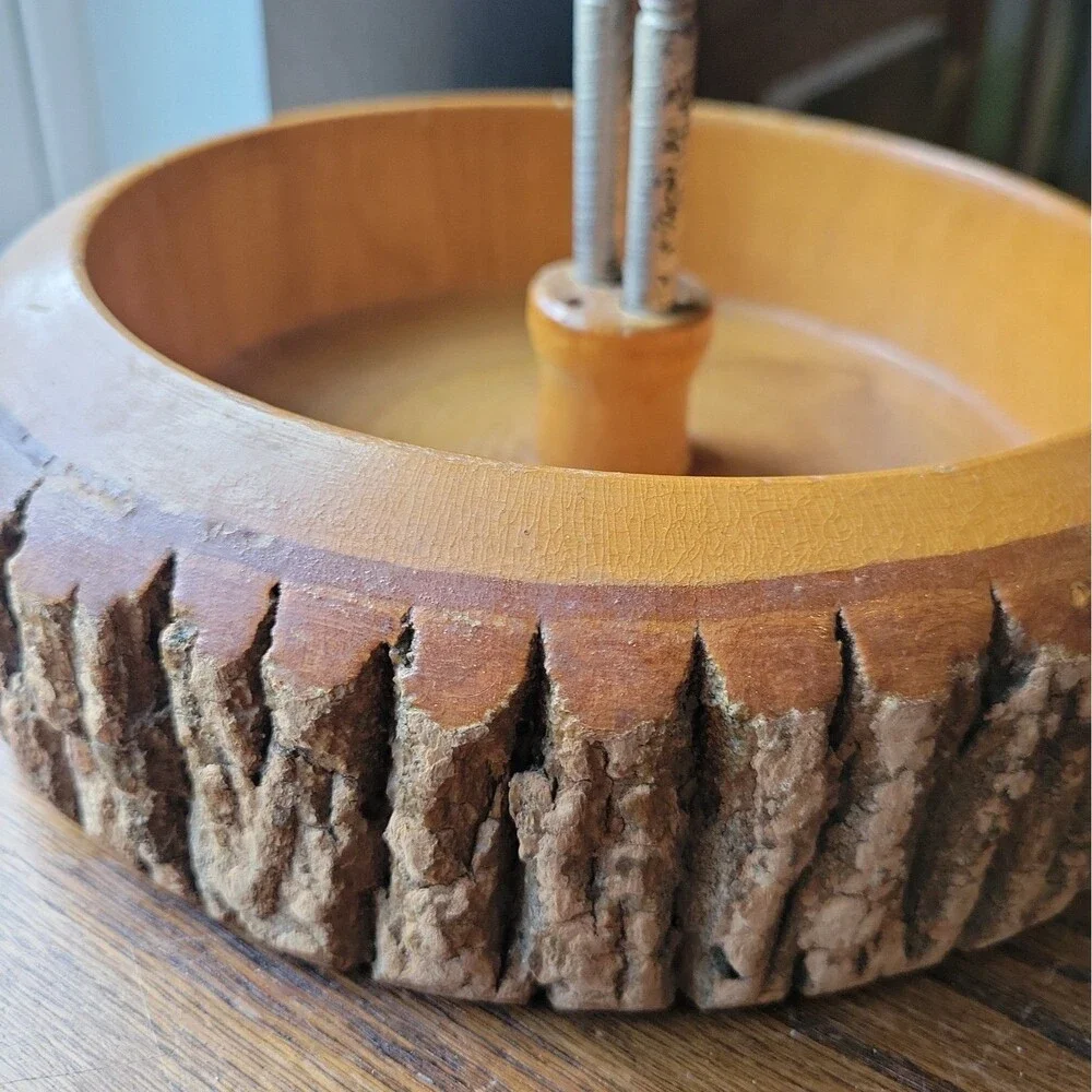 Vtg MCM Nut Bowl Rustic Edge Tree Bark Set with 1 Nutcracker 9